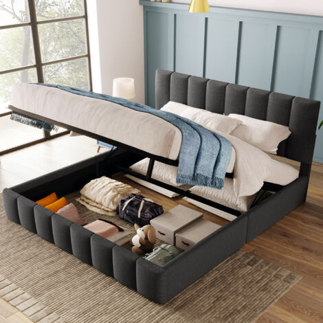 Lit coffre 140x200 cm, lit double adulte avec rangement, tête de lit réglable et sommier à lattes, tissu en lin, sans matelas