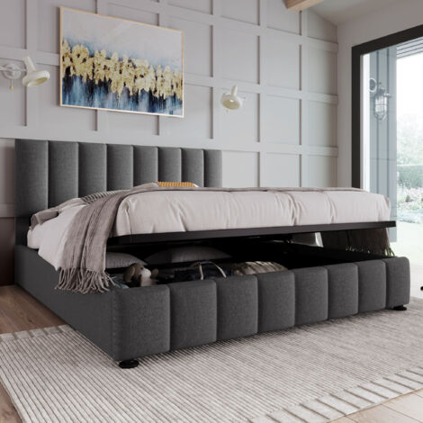 Lit coffre 140x200 cm, lit double adulte avec rangement, tête de lit réglable et sommier à lattes, tissu en lin, sans matelas