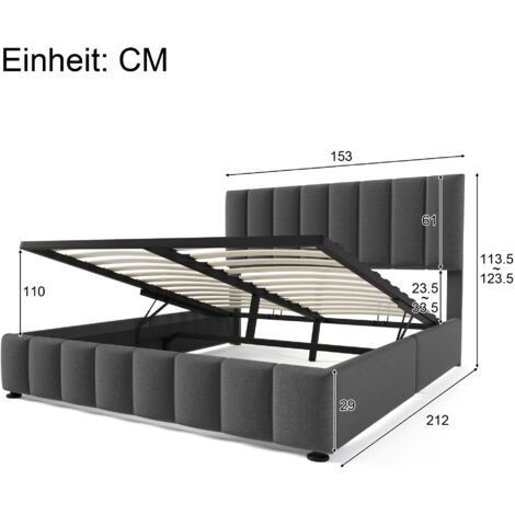 Lit coffre 140x200 cm, lit double adulte avec rangement, tête de lit réglable et sommier à lattes, tissu en lin, sans matelas