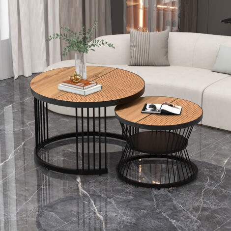 Mobilier Salon Design Lot De 2 Tables Basses Gigognes Rondes Alaska - Effet Marbre Et Pied Doré Table Basse Bois