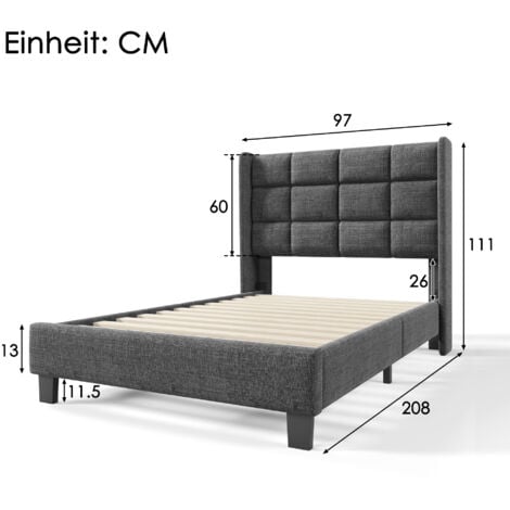 Lit simple 90x200 cm lit adulte rembourré avec tête de lit et sommier à lattes, tissu en lin, gris
