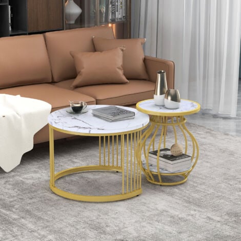 Lot de 2 table basse ronde avec cadre en métal et aspect marbre blanc or, 70x70x45 cm