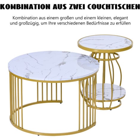 Lot de 2 table basse ronde avec cadre en métal et aspect marbre blanc or, 70x70x45 cm