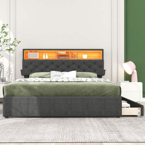 Lit Double 140x200 avec Sommier et Rangement, Lit Adulte pour 2 Personnes avec Bande LED et Prise USB, Petits Casiers, Lin Beige - Maison