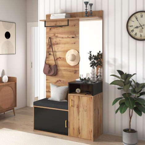 Meuble D'entrée Avec Banc, Miroir, Rangement Chaussures - 190x104x38,5 Cm - Noir Et Bois - Porte-manteau 4 Crochets