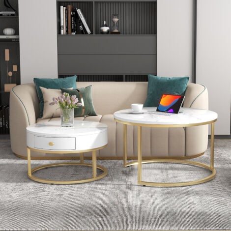 Table basse gigogne moderne motif marbre brillant ensemble de 2 tables basses rondes table d'appoint ronde emboîtable blanc OKWISH