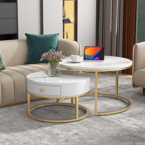 Table basse gigogne moderne motif marbre brillant ensemble de 2 tables basses rondes table d'appoint ronde emboîtable blanc OKWISH