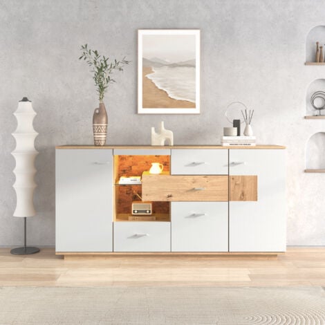 Buffet blanc, armoire avec 4 portes, 3 tiroirs, LED et étagère en verre, couleur blanc et bois, 160x40x77 cm