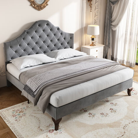 Lit double capitonné 140x200 cm lit adulte avec sommier à lattes et tête de lit réglable en hauteur, lattes en bois, en velours, gris (1/5)