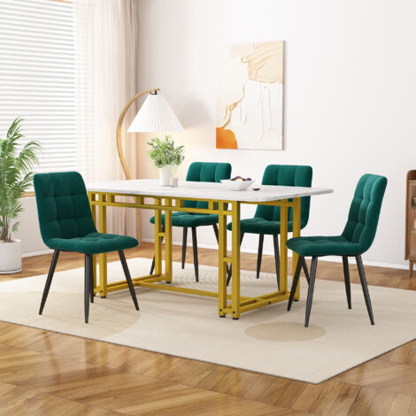 Okwish – Ensemble table à manger dorée 120 x 70 cm avec 4 chaises velours vert foncé – Pieds en métal doré – Multifonctionnel pour salle à manger et salon