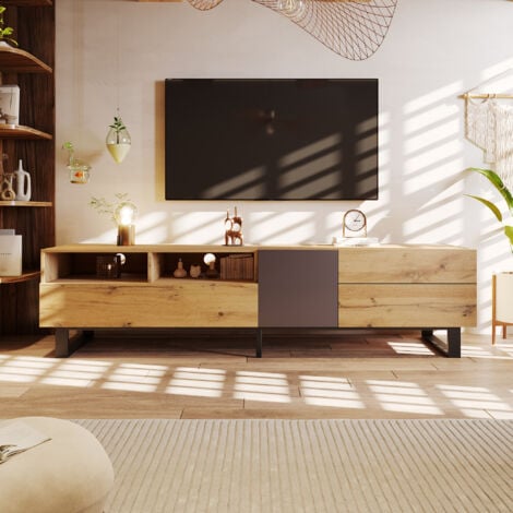 Meuble TV, buffet de rangement, 2 tiroirs et 2 espaces de rangement, couleur bois et noir, 180x50x38 cm