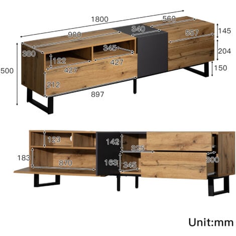 Meuble TV, buffet de rangement, 2 tiroirs et 2 espaces de rangement, couleur bois et noir, 180x50x38 cm
