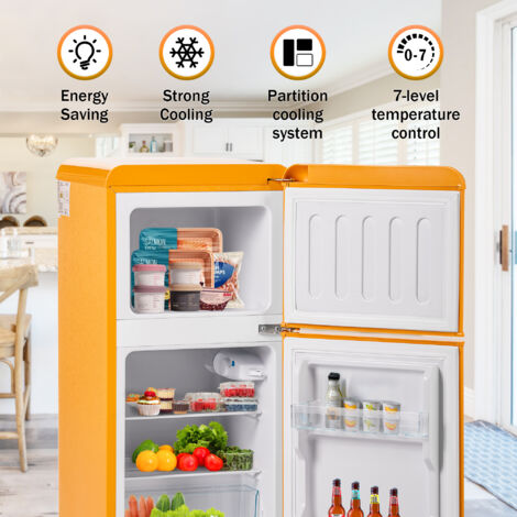 Okwish – Réfrigérateur rétro jaune à double porte – 60L total – Congélateur 22L – Classe F – 163 kWh/an – Température réglable -27°C à 13°C