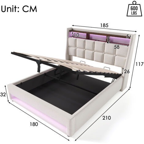 Lit Double 180x200cm Avec Rangement Coffre, LED, Ports USB/Type-C - Tête De Lit Rembourrée En Lin Beige