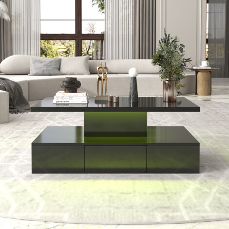 Okwish – Table basse carrée noire brillante – Table de rangement avec tiroirs – Dimensions 100x50x39 cm – Aggloméré durable avec lumière LED