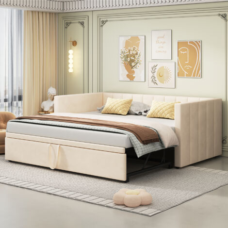 Lit simple 90/180x200 cm, canapé-lit avec lit gigogne et sommier à lattes, tissu en velours beige, sans matelas