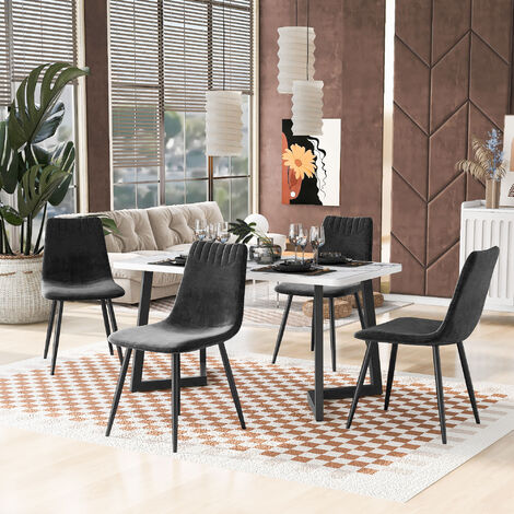 Set Table à Manger Hexagonale Marbre + 4 Chaises Velours Noir - 115.5x100 Cm - Moderne Et Design