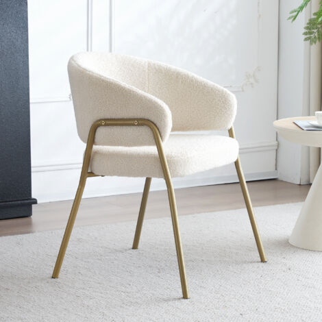 Chaise de salle à manger blanche moderne en velours d'agneau, chaise de salle à manger dorée en finition dorée (1 pièce), chaise de salle à manger avec pieds dorés