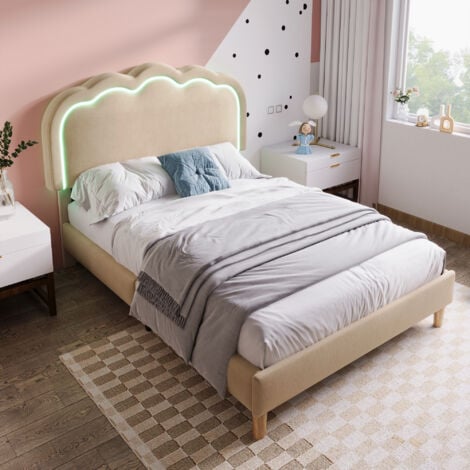 Lit simple d'enfant 90x190 cm lit rembourré avec tête de lit, éclairage LED et sommier à lattes, tissu en lin, beige