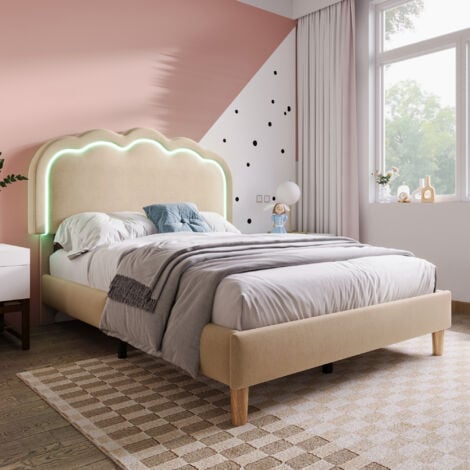 Lit simple d'enfant 90x190 cm lit rembourré avec tête de lit, éclairage LED et sommier à lattes, tissu en lin, beige