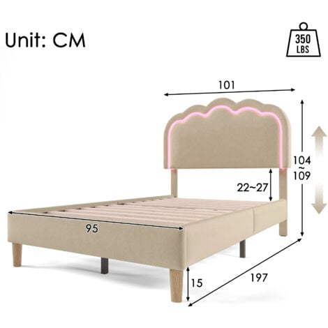 Lit simple d'enfant 90x190 cm lit rembourré avec tête de lit, éclairage LED et sommier à lattes, tissu en lin, beige