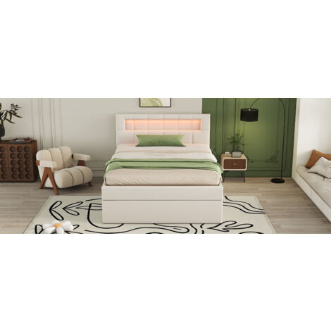 Lit Coffre Hydraulique 90x200 Avec Rangement - Tête De Lit LED RGB, Chargeurs USB/Type-C, Avec Matelas 7 Zones - Beige