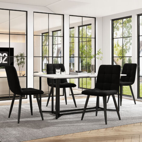 Ensemble Table à Manger 140x80cm Avec 4 Chaises Velours - Style Moderne Marbre | MDF Et Métal | Pour Cuisine/Salon