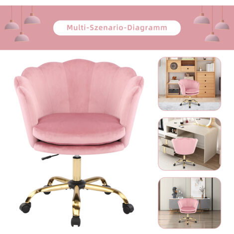 Chaise de bureau pivotante réglable en hauteur, chaise de bureau en velours, chaise de maquillage avec roulettes, fauteuil en velours pour chambre/bureau, rose + doré