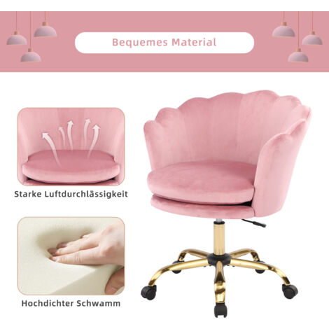 Chaise de bureau pivotante réglable en hauteur, chaise de bureau en velours, chaise de maquillage avec roulettes, fauteuil en velours pour chambre/bureau, rose + doré