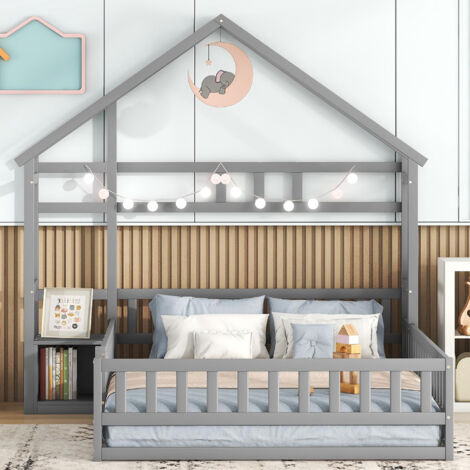 Lit cabane 140x200 cm, lit double d'enfant avec barrières et tables de chevet, en bois de pin, gris sans matelas