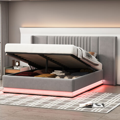 Lit Coffre 140x200 Cm Avec LED Et Ports USB - Tête De Lit Rembourrée, Rangement Hydraulique, Sommier à Lattes, Noir