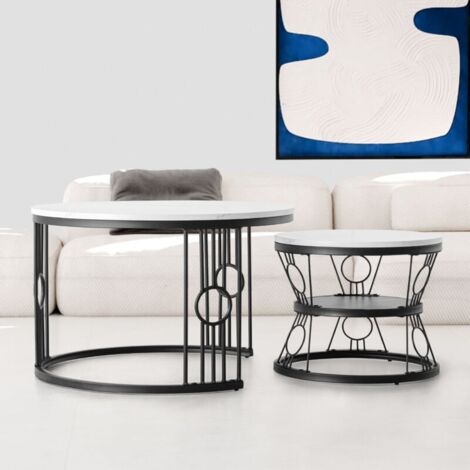 Table basse gigogne ronde, ensemble de 2 tables basses modernes avec plateau en marbre artificiel, table gigogne blanche avec cadre en métal noir, adaptée au salon, appartement, bureau