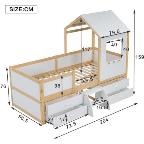 Lit Cabane Pour Enfant 90 X 200 Cm Avec 2 Tiroirs, Bois Massif De Pin, Sommier à Lattes Inlcus