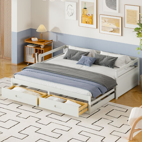 Lit simple 90/180x200 cm, canapé convertible avec lit gigogne et tiroirs, en bois de pin, blanc, sans matelas
