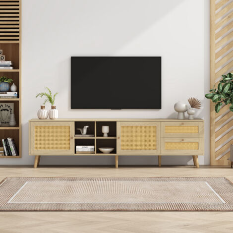 Meuble TV En Rotin Et Bois 150 Cm - 2 Portes, 2 étagères, Gestion Câbles | Style Naturel, Pour Téléviseurs 55-65"