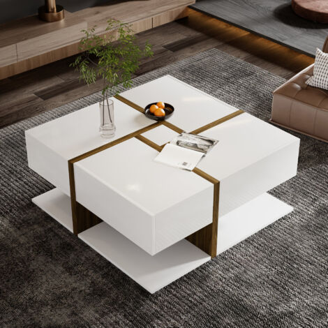 Table basse carrée blanche brillante, table de salon avec 4 tiroirs et espace de rangement en bas, 78x78x34.8 cm