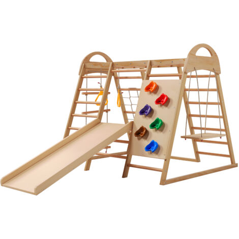 Okwish – Structure d'escalade 7 en 1 avec balançoire et filet – Bois massif – Dimensions 134x120x120cm – Capacité 50kg – Pour enfants 3 ans et plus