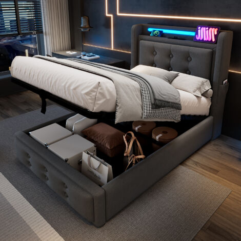 Lit coffre 90x200 cm lit double rembourré lit adulte avec tête de lit, LED et charge USB, tissu en coton, gris, sans matelas