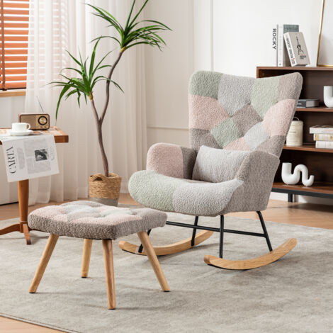 Fauteuil à bascule multicouleur avec repose-pieds et 1 coussin lombaire, chaise relax, 83x68x91 cm
