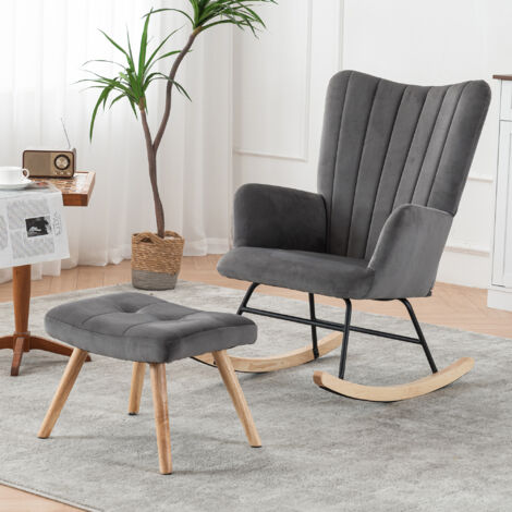 Chaise à bascule ergonomique grise, hauteur 97 cm, largeur d'assise 48 cm - avec repose-pieds (483737 cm), cadre en bois d'hévéa robuste, capacité de charge jusqu'à 250 lb, chaise à bascule avec suppo