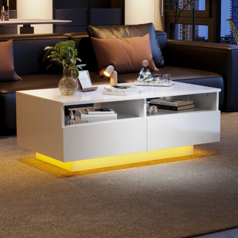 Table Basse LED Flottante, Tiroir Et Rangement, Moderne, 100x50x35 Cm, Salon, Canapé, Chambre, Blanc