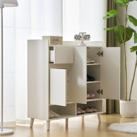Armoire à Chaussures H99 X L90 X P35 Cm Blanc + Naturel - Meuble Rangement Avec Étagères Réglables Et Base Bois Massif