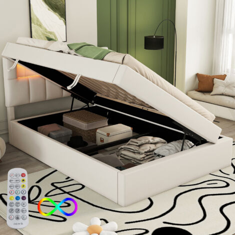 Lit Coffre 90x200 Cm Avec Hydraulique – Canapé Lit Rembourré LED Et USB – Multifonction Velours Crème - 4