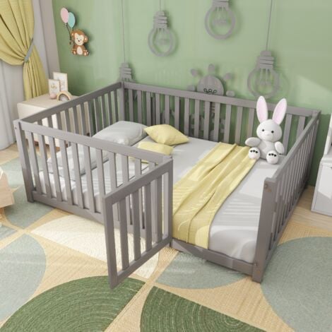 Lit double 140x200 cm lit enfant, lit au sol avec clôture de protection, en bois de pin, gris, sans matelas
