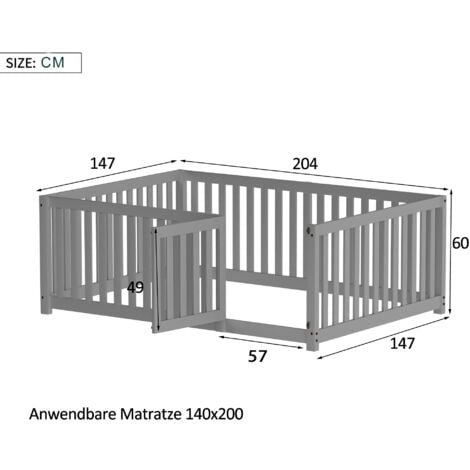 Lit double 140x200 cm lit enfant, lit au sol avec clôture de protection, en bois de pin, gris, sans matelas