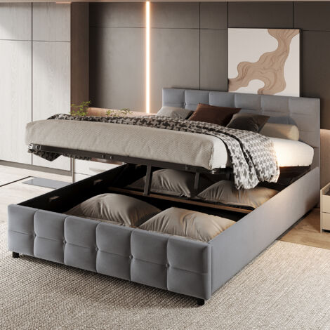 Okwish – Lit coffre 180x200 cm – Tissu velours hollandais gris – Sommier à lattes avec levage hydraulique – Rangement optimisé sous le lit (1/5)