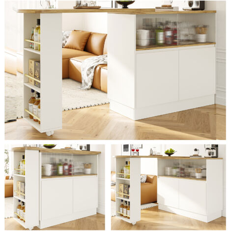 Desserte de cusine, bar à cusine rotatif avec portes coulissantes étagères et verre, blanc, 90x45x100 cm (1/5)
