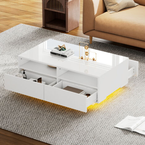 Table basse clanche brillante avec 4 tiroirs, table de salon avec éclairage LED, pour salon, chambre à coucher, 95x55x35 cm