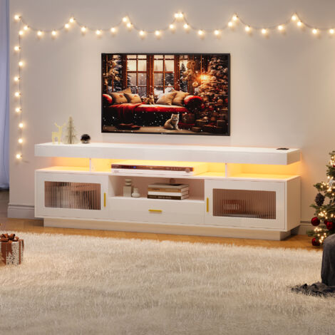 Meuble Tv Noir Brillant 160l X 38l X 50,5h Cm Avec éclairage Led,3 étagères En Verre,connectivité Bluetooth,support Tv Pour Télé 70 Façade Brillante, Avec Lumière