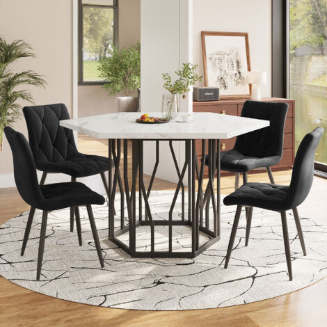 Ensemble table et chaises de salle à manger (ensemble de 5 pièces), table à manger hexagonale moderne en marbre + 4 chaises de salle à manger en velours noir pour créer un restaurant chaleureux et mod